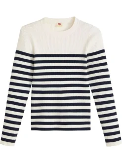 Pull écru au motif rayé avec un col v côtelé et des manches longues