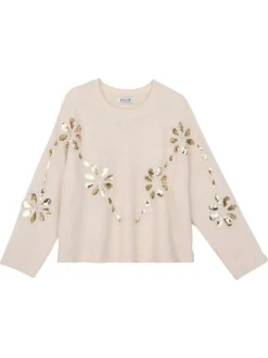 Pull écru avec des fleurs et sequins dorés à coupe droite et à col rond