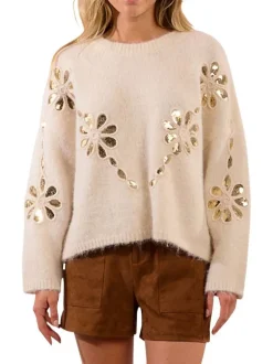 Pull écru avec des fleurs et sequins dorés à coupe droite et à col rond