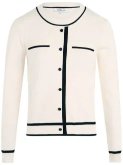 Pull écru bicolore à coupe droite, col rond et à manches courtes et boutons