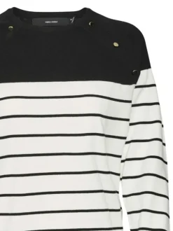 Pull écru en coton mélangé à rayures noires avec un col rond et une coupe droite