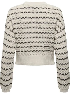 Pull écru en maille ajourée à rayures ondulées noires avec une coupe crop top