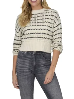Pull écru en maille ajourée à rayures ondulées noires avec une coupe crop top