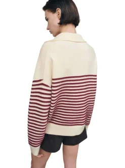 Pull écru en maille fine avec des rayures bordeaux et une coupe ample