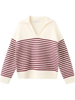 Pull écru en maille fine avec des rayures bordeaux et une coupe ample
