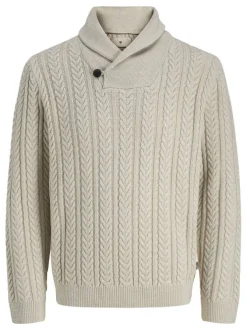 Pull écru en maille torsadée à coupe droite avec col châle et manches longues