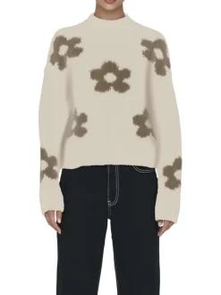 Pull écru et kaki à manches longues orné d'un motif floral oversize