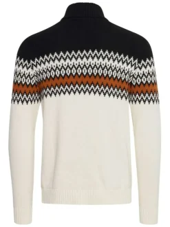 Pull écru et noir en coton rayé coupe droite col montant et zippé