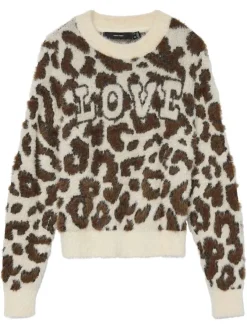 Pull écru, marron et noir avec motif léopard à coupe droite et col rond
