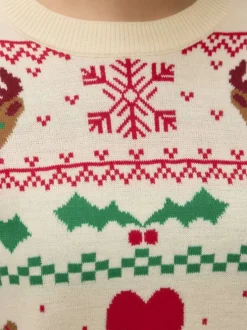 Pull écru à motif fantaisie avec col rond et manches longues