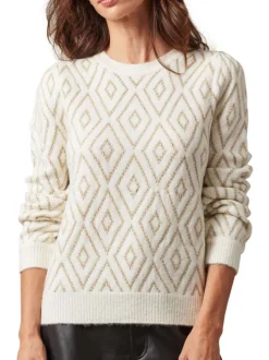 Pull écru à motif losanges à coupe droite, col rond et à manches longues