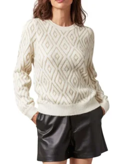 Pull écru à motif losanges à coupe droite, col rond et à manches longues