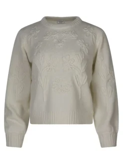 Pull écru à motifs coupe ajustée avec un col rond et des manches longues