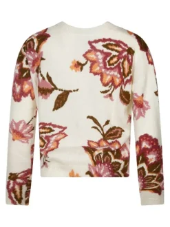 Pull écru à motifs coupe ajustée col rond et à manches longues