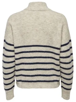 Pull écru rayé avec une coupe droite et une fermeture zippée à l'avant