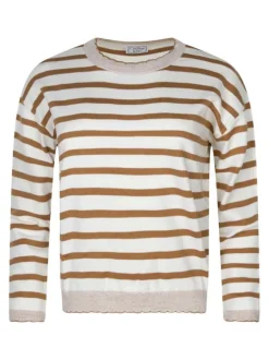 Pull écru rayé coupe ajustée col rond avec des manches longues