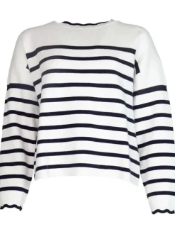Pull écru rayé droit à col rond et à manches longues style marinière