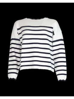 Pull écru rayé droit à col rond et à manches longues style marinière