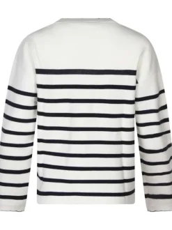 Pull écru rayé droit à col rond et à manches longues style marinière
