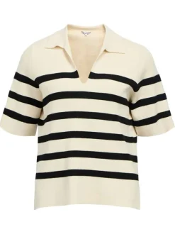 Pull écru à rayures pourvu d'un col v et de manches courtes