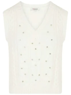 Pull écru sans manches en maille tricotée incrusté de strass