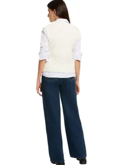 Pull écru sans manches en maille tricotée incrusté de strass