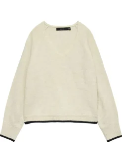 Pull écru uni avec col v et liserés contrastés aux extrémités