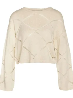 Pull écru uni avec motifs losanges ajourés et à manches longues