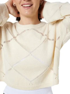 Pull écru uni avec motifs losanges ajourés et à manches longues