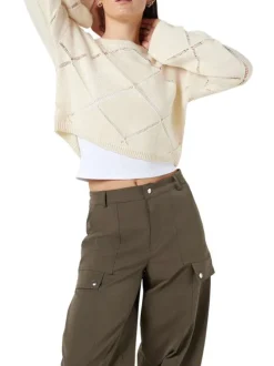 Pull écru uni avec motifs losanges ajourés et à manches longues