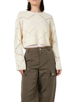 Pull écru uni avec motifs losanges ajourés et à manches longues