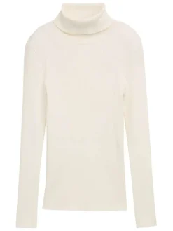 Pull écru uni avec un col roulé côtelé et des manches longues