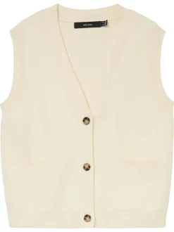 Pull écru uni avec un col v profond et boutonnière écaille de tortue