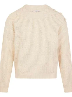Pull écru uni avec une coupe droite à col rond et des boutons décoratifs