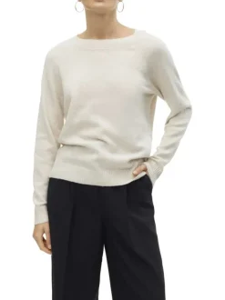 Pull écru uni avec une coupe droite à col rond et des manches longues