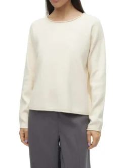 Pull écru uni avec une coupe droite et un col rond large replié