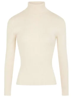 Pull écru uni à coupe ajustée, col montant et à manches longues côtelé
