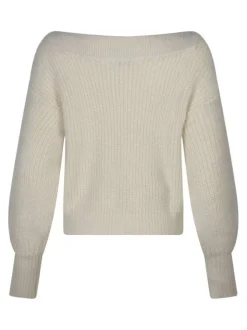 Pull écru uni à coupe droite avec un col bateau et des manches longues