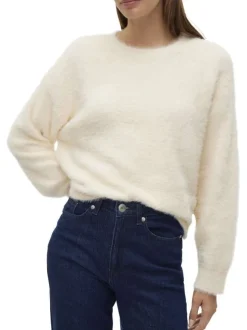 Pull écru uni à coupe droite avec un col rond et des manches longues