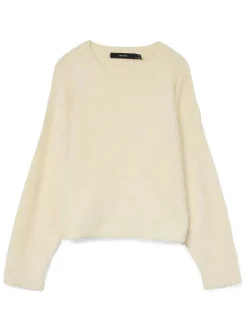 Pull écru uni à coupe droite avec un col rond et des manches longues