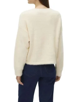 Pull écru uni à coupe droite avec un col rond et des manches longues