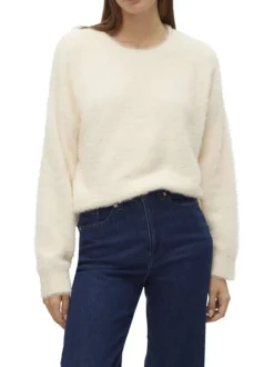 Pull écru uni à coupe droite avec un col rond et des manches longues
