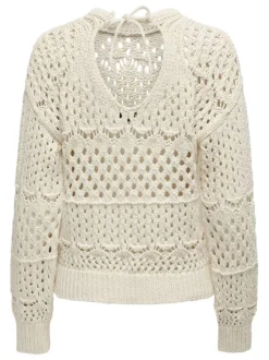 Pull écru uni coupe droite avec un col rond et des manches longues