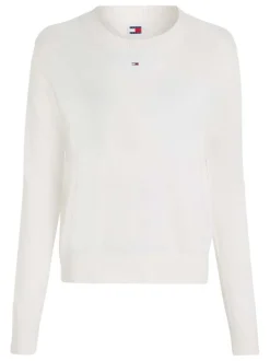 Pull écru uni coupe droite avec un col rond et logo de la marque poitrine
