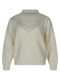 Pull écru uni coupe droite avec un col roulé et des détails en dentelle