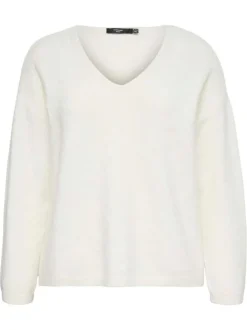 Pull écru uni à coupe droite avec un col V et des manches longues