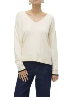 Pull écru uni à coupe droite et à col v arrondi avec des détails noirs
