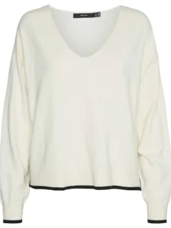 Pull écru uni à coupe droite et à col v arrondi avec des détails noirs