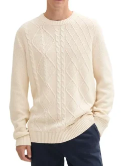 Pull écru uni droit à col rond et à manches longues en mailles torsadées