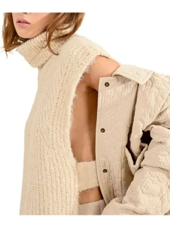 Pull écru uni droit à col roulé et sans manches avec grandes ouvertures